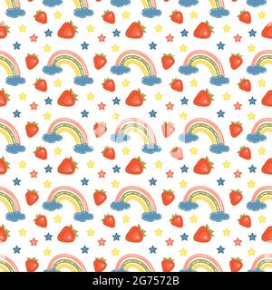 Seamless pattern with bright rainbows, strawberries and stars. Stock Vector