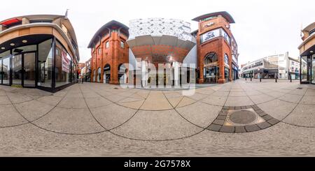 360 degree panoramic view of Norwich, Norfolk UK – July 04 2021. Full spherical seamless panorama 360 degrees angle view of the entrance to Castle Quarter formerly known as Castle