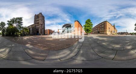 360 degree panoramic view of Norwich, Norfolk UK – July 04 2021. Full spherical seamless panorama 360 degrees angle view of the Forum and St Peter Mancroft Church in equirectangul