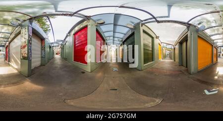 360 degree panoramic view of Norwich, Norfolk UK – July 04 2021. Full spherical seamless panorama 360 degrees angle view of Norwich market closed for business in equirectangular p