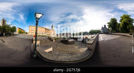 360 degree panoramic view of Norwich, Norfolk UK – July 04 2021. Full spherical seamless panorama 360 degrees over looking Norwich market from the Memorial Park in equirectangular