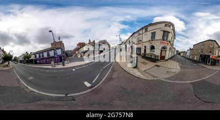 360 degree panoramic view of Norwich, Norfolk UK – July 04 2021. Full spherical seamless panorama 360 degrees angle view of Prince of Wales Road in equirectangular projection. VR