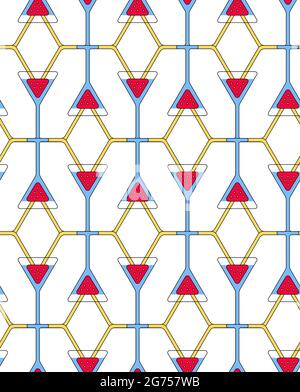 Seamless fruit drink pattern with triangular strawberries in glasses, connection by tubes. Modern geometric background. Summer berries fresh beverage vector illustration Stock Vector