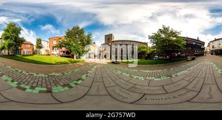 360 degree panoramic view of Norwich, Norfolk UK – July 04 2021. Full spherical seamless panorama 360 degrees angle view of St Greogory's Church in equirectangular projection. VR