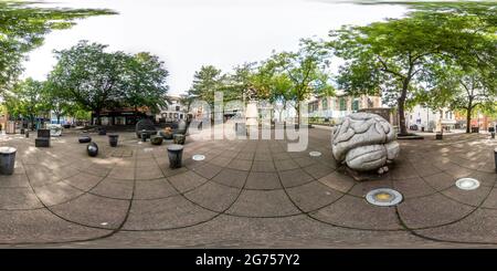 360 degree panoramic view of Norwich, Norfolk UK – July 04 2021. Full spherical seamless panorama 360 degrees angle view of Statues outside Next and McDonalds in equirectangular p