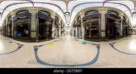 360 degree panoramic view of Norwich, Norfolk UK – July 04 2021. Full spherical seamless panorama 360 degrees angle view of The Royal Victoria Arcade in equirectangular projection