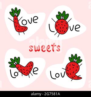 Love text stickers with one strawberry mascote letter in each word. Design elements for love items cards, strawberry food and drinks vector illustration Stock Vector