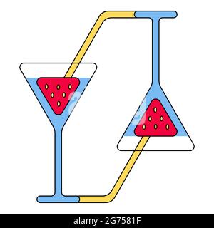 Cocktail glass with strawberry and tube. All are in triangular shape with rounded edges, vector icon of two mirrored glasses Stock Vector