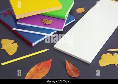 School concept. Stack of books, colorful colored pencils and open sketchbook on dark paper background. Autumn leaves. Free space for text or picture Stock Photo