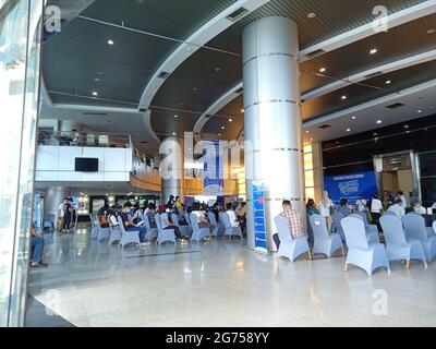 Editorial Photo, Indonesia, South Jakarta, 08 Juli 2021, queueing people at Smesco Building to get vaccine Stock Photo