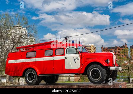 KRASNODAR - MAY 21, 2021: Fire Car Zil from Soviet time, Fire Engine Retro Soviet Car Oldtimer at Krasnodar, background blue cloudy sky Stock Photo