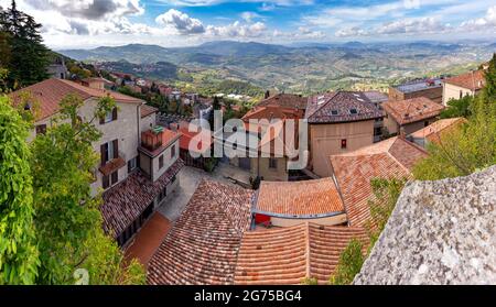 Panoramic aerial view of a mountain valley in the morning. San Morino. Italy. Stock Photo