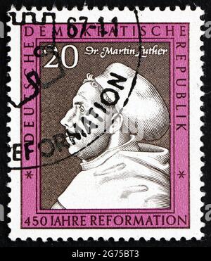 GERMANY - CIRCA 1967: a stamp printed in Germany shows Martin Luther, Painting by Lucas Cranach, 450th Anniversary of the Reformation, circa 1967 Stock Photo