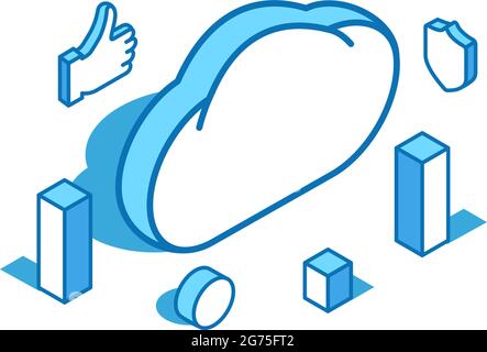 Cloud blue line isometric illustration. Web storage, server 3D banner template. Stock Vector
