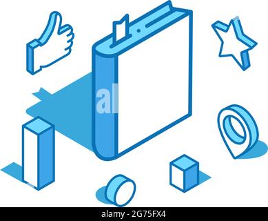 Book blue line isometric illustration. Literature, diary 3D banner template. Stock Vector