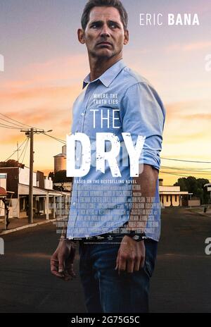 The Dry (2020) directed by Robert Connolly and starring Eric Bana, Genevieve O'Reilly and Keir O'Donnell. Aaron Falk returns to his drought-stricken hometown to attend a funeral causing memopries of the unsolved death of a teenage girl to resurface. Stock Photo