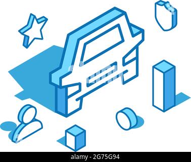 Car blue line isometric illustration. Transportation service, car sharing, taxi 3D banner template. Stock Vector