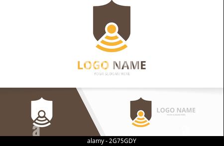 Vector shield and wifi logo combination. Security and signal logotype design template. Stock Vector