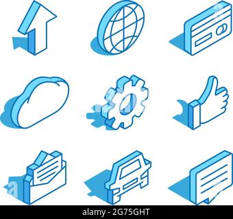 Set of web isometric icon. World, arrow up, cloud, gear, thumb up, car and more. Stock Vector