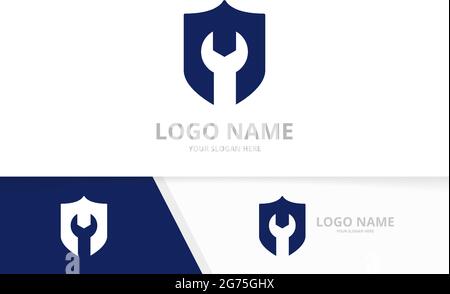Vector shield and repair logo combination. Security fix logotype design template. Stock Vector