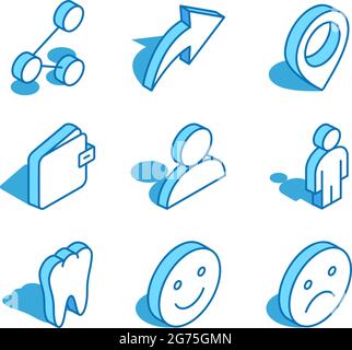 Set of web isometric icon. Share, wallet, man, tooth, smilie and more. 3D line style symbol. Stock Vector