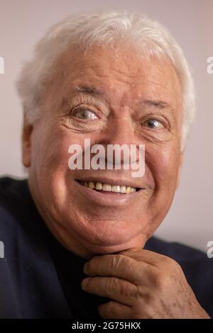 11 July 2021, Italy, Rome: Former Italian tennis player and two-time French Open winner Nicola Pietrangeli speaks to the media ahead of the men's singles final match of the 2021 Wimbledon Tennis Championships. Photo: Oliver Weiken/dpa Stock Photo