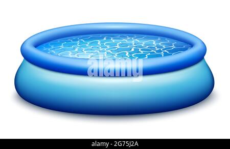 Rubber portable pool. Filled with azure clear water. For swimming, fun in the fresh air. Realistic image icon. On white background isolated. Vector. Stock Vector
