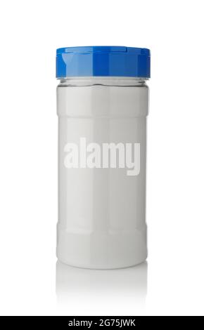 Closed plastic transparent jar of salt isolated on white. Stock Photo