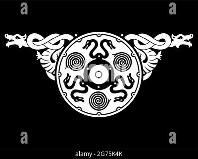 Scandinavian Celtic design. Viking shield decorated with dragons Stock Vector