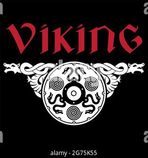 Scandinavian Celtic design. Viking shield decorated with dragons and the inscription - Vikng Stock Vector