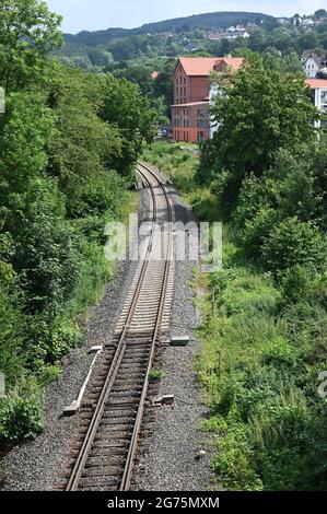 Single track railway line near Vlotho in North Rhine-Westphalia Stock Photo