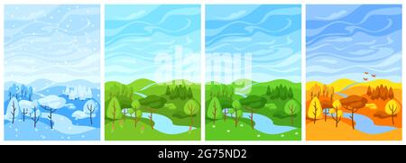 Four seasons landscape. Illustration with forest, trees and bushes in winter, spring, summer, autumn. Stock Vector