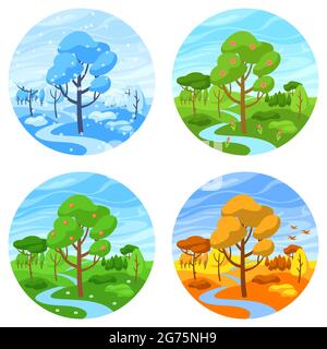 Four seasons landscape. Illustration with forest, trees and bushes in winter,  spring, summer, autumn Stock Vector Image & Art - Alamy