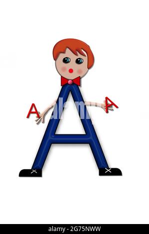 The letter A, in the alphabet set Living Letters, has head, arms and legs.  The boy cartoon figure is also holding a duplicate letter in red. Stock Photo