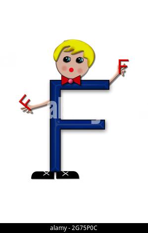 The letter F, in the alphabet set Living Letters, has head, arms and legs.  The boy cartoon figure is also holding a duplicate letter in red. Stock Photo