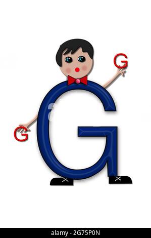 The letter G, in the alphabet set Living Letters, has head, arms and legs.  The boy cartoon figure is also holding a duplicate letter in red. Stock Photo