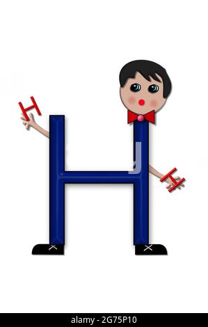 The letter H, in the alphabet set Living Letters, has head, arms and legs.  The boy cartoon figure is also holding a duplicate letter in red. Stock Photo