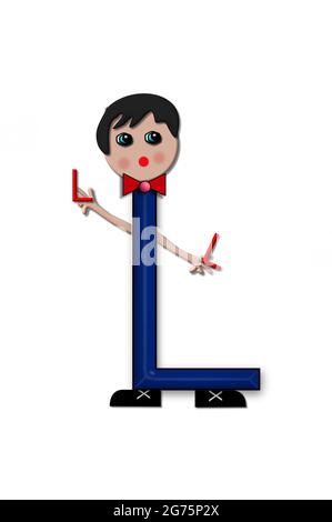 The letter L, in the alphabet set Living Letters, has head, arms and legs.  The boy cartoon figure is also holding a duplicate letter in red. Stock Photo