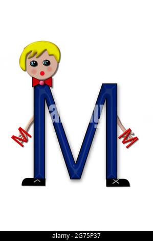 The letter M, in the alphabet set Living Letters, has head, arms and legs.  The boy cartoon figure is also holding a duplicate letter in red. Stock Photo