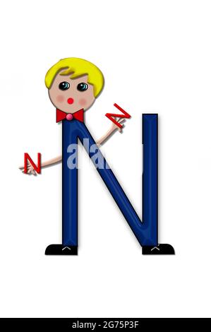 The letter N, in the alphabet set Living Letters, has head, arms and legs.  The boy cartoon figure is also holding a duplicate letter in red. Stock Photo