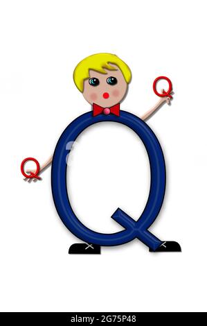 The letter Q, in the alphabet set Living Letters, has head, arms and legs.  The boy cartoon figure is also holding a duplicate letter in red. Stock Photo