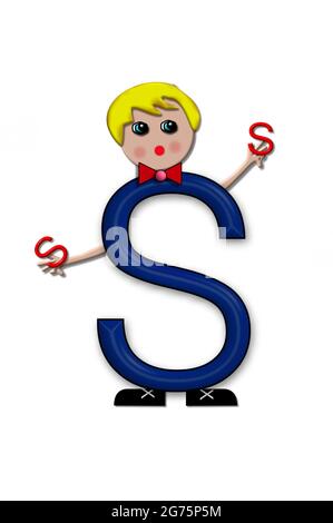 The letter S, in the alphabet set Living Letters, has head, arms and legs.  The boy cartoon figure is also holding a duplicate letter in red. Stock Photo