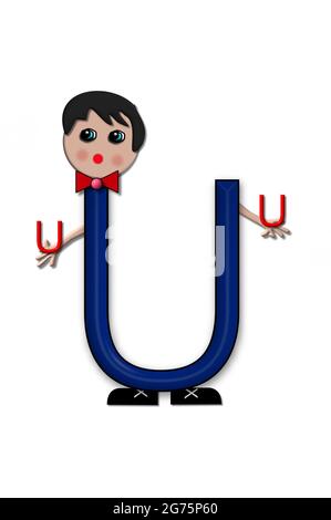 The letter U, in the alphabet set Living Letters, has head, arms and legs.  The boy cartoon figure is also holding a duplicate letter in red. Stock Photo