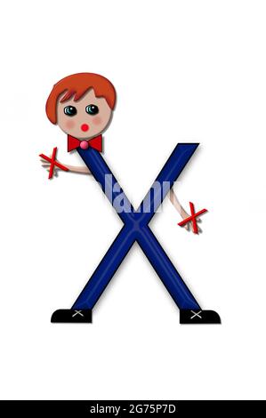 The letter X, in the alphabet set Living Letters, has head, arms and legs.  The boy cartoon figure is also holding a duplicate letter in red. Stock Photo