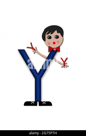 The letter Y, in the alphabet set Living Letters, has head, arms and legs.  The boy cartoon figure is also holding a duplicate letter in red. Stock Photo