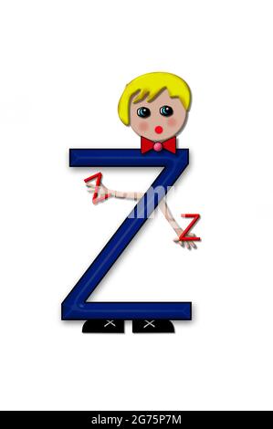 The letter Z, in the alphabet set Living Letters, has head, arms and legs.  The boy cartoon figure is also holding a duplicate letter in red. Stock Photo