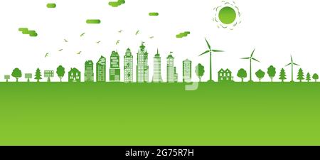 Ecological city and environment conservation. Concept green city with renewable energy sources. Green city with trees, wind energy and solar panels. Stock Vector