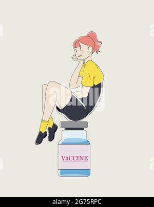 Doodle vector illustration. The girl who was vaccinated. Vaccination concept. Hand drawing of a girl in cartoon style. Design for graphics, banner, st Stock Vector