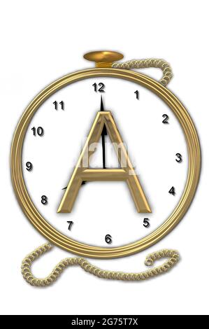 Alphabet letter A, is from the alphabet set 'Pocket watch'.  Watch has the letter sitting on face of gold, timepiece.  Letter is gold and background i Stock Photo