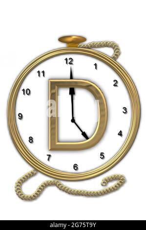 Alphabet letter D, is from the alphabet set 'Pocket watch'.  Watch has the letter sitting on face of gold, timepiece.  Letter is gold and background i Stock Photo